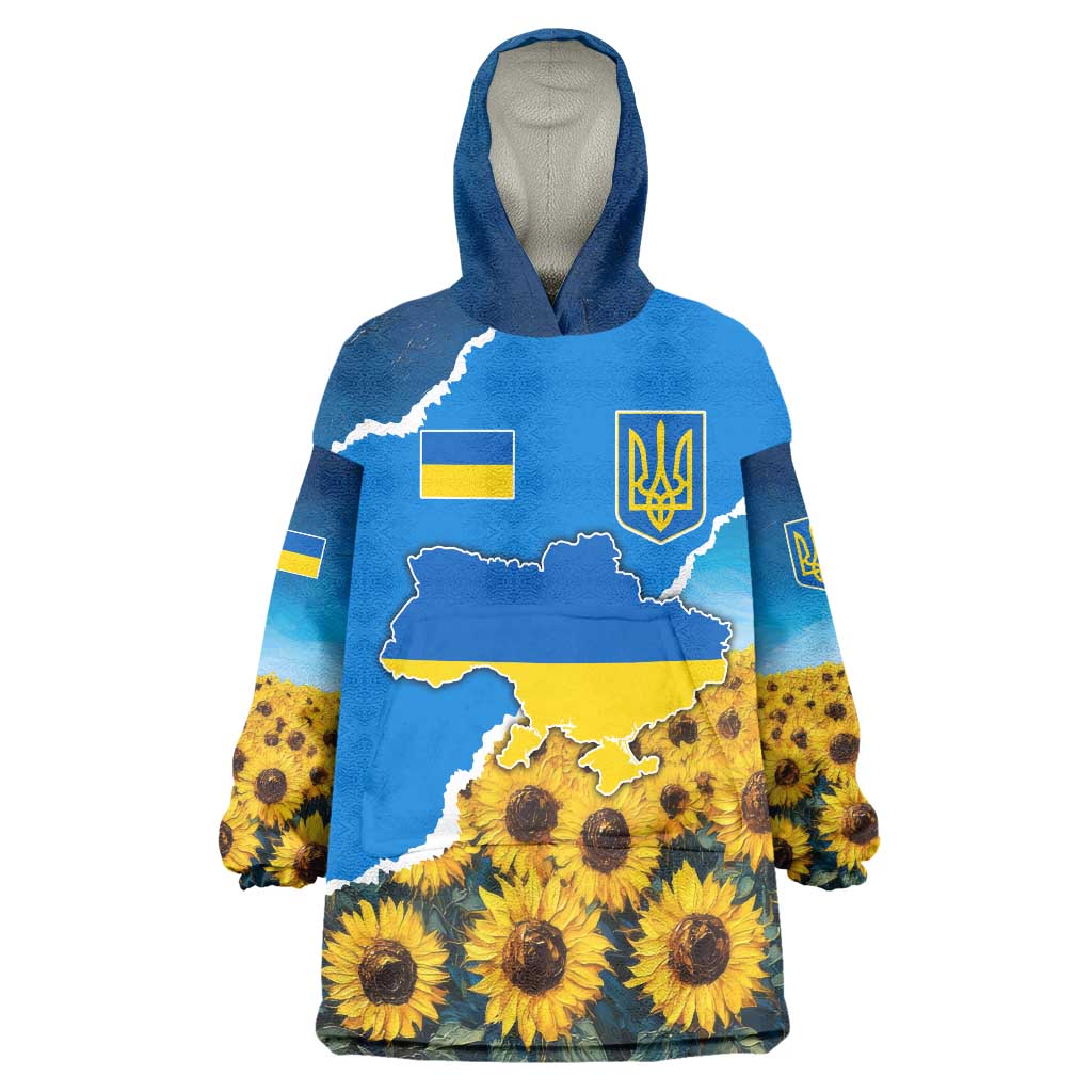 Ukraine Pride Wearable Blanket Hoodie Map, Flag & Tryzub with Sunflower Field Patriotic
