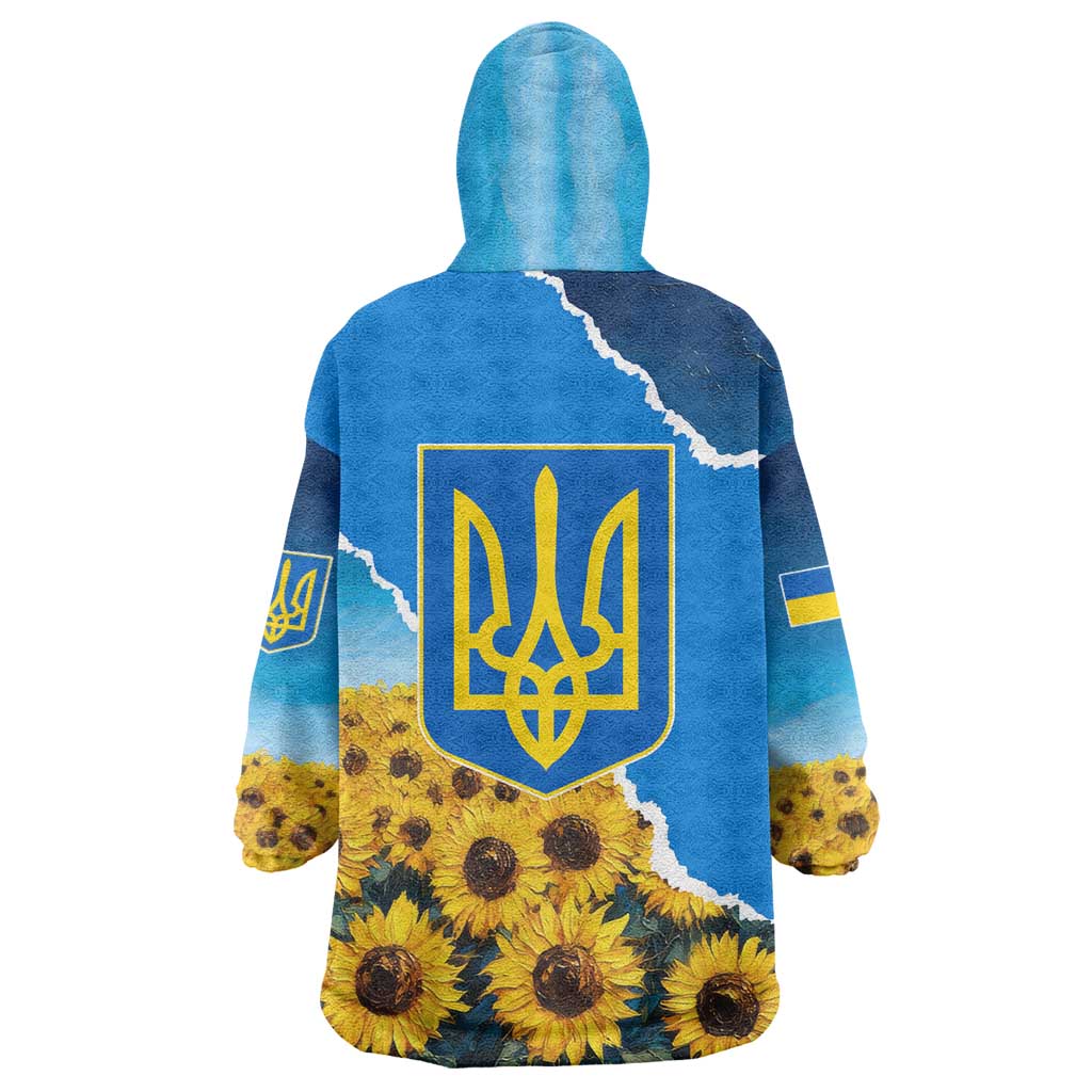Ukraine Pride Wearable Blanket Hoodie Map, Flag & Tryzub with Sunflower Field Patriotic