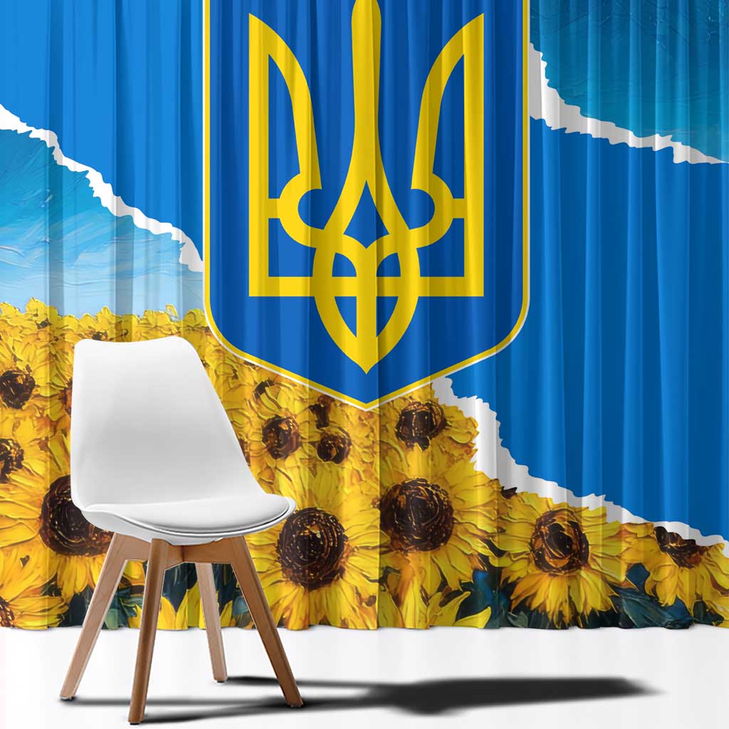 Ukraine Pride Window Curtain Map, Flag & Tryzub with Sunflower Field Patriotic
