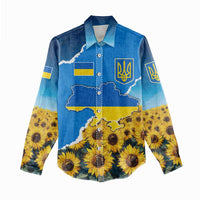 Ukraine Pride Women Casual Shirt Map, Flag & Tryzub with Sunflower Field Patriotic