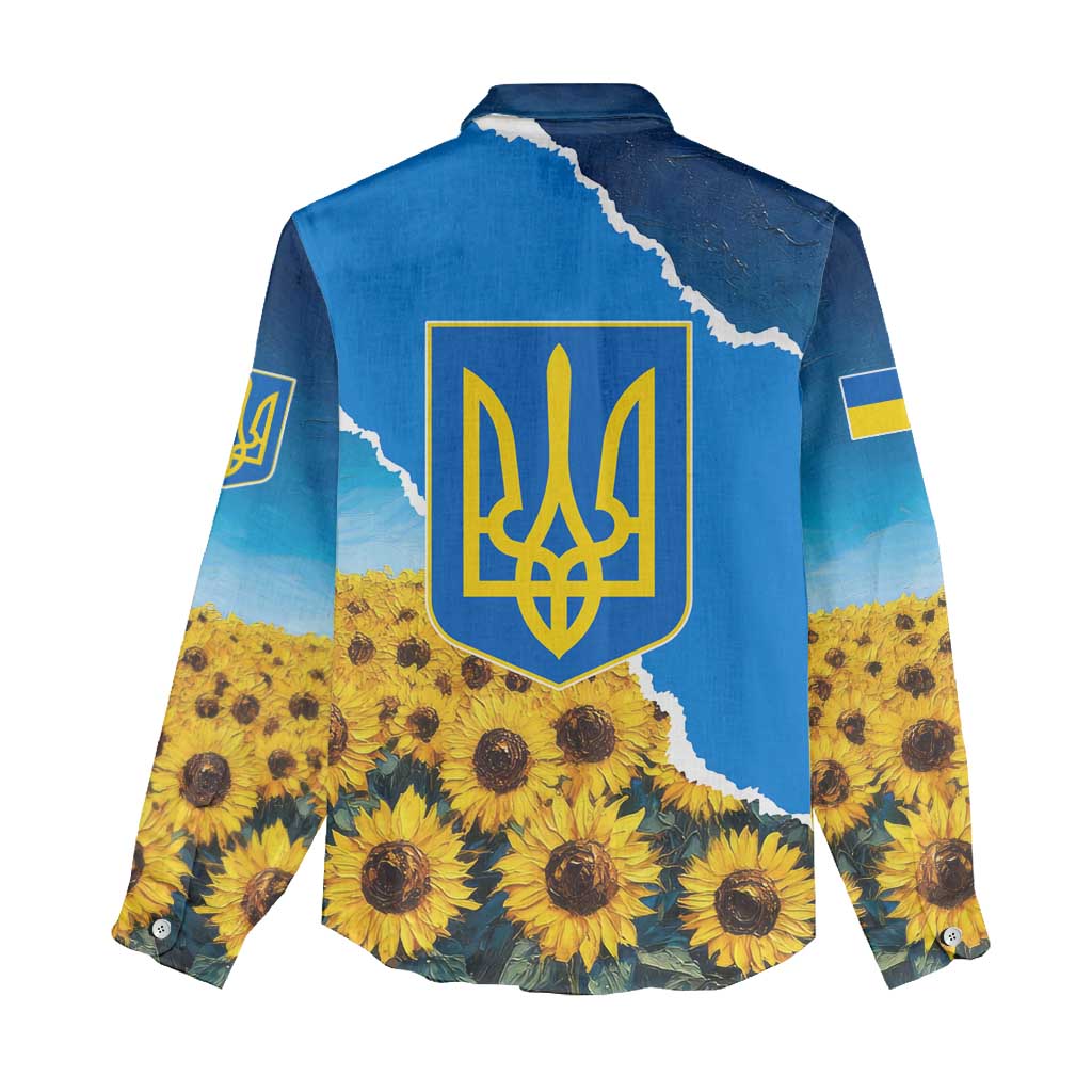 Ukraine Pride Women Casual Shirt Map, Flag & Tryzub with Sunflower Field Patriotic