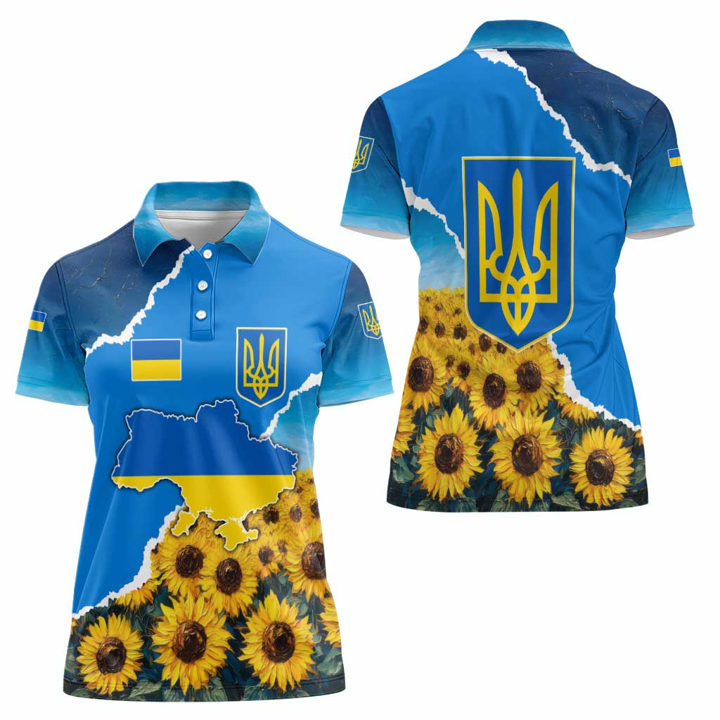 Ukraine Pride Women Polo Shirt Map, Flag & Tryzub with Sunflower Field Patriotic