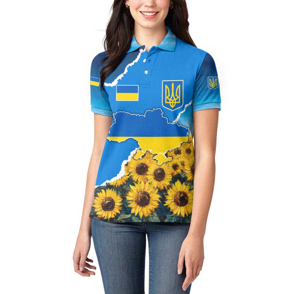 Ukraine Pride Women Polo Shirt Map, Flag & Tryzub with Sunflower Field Patriotic