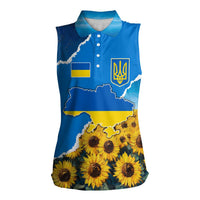 Ukraine Pride Women Sleeveless Polo Shirt Map, Flag & Tryzub with Sunflower Field Patriotic