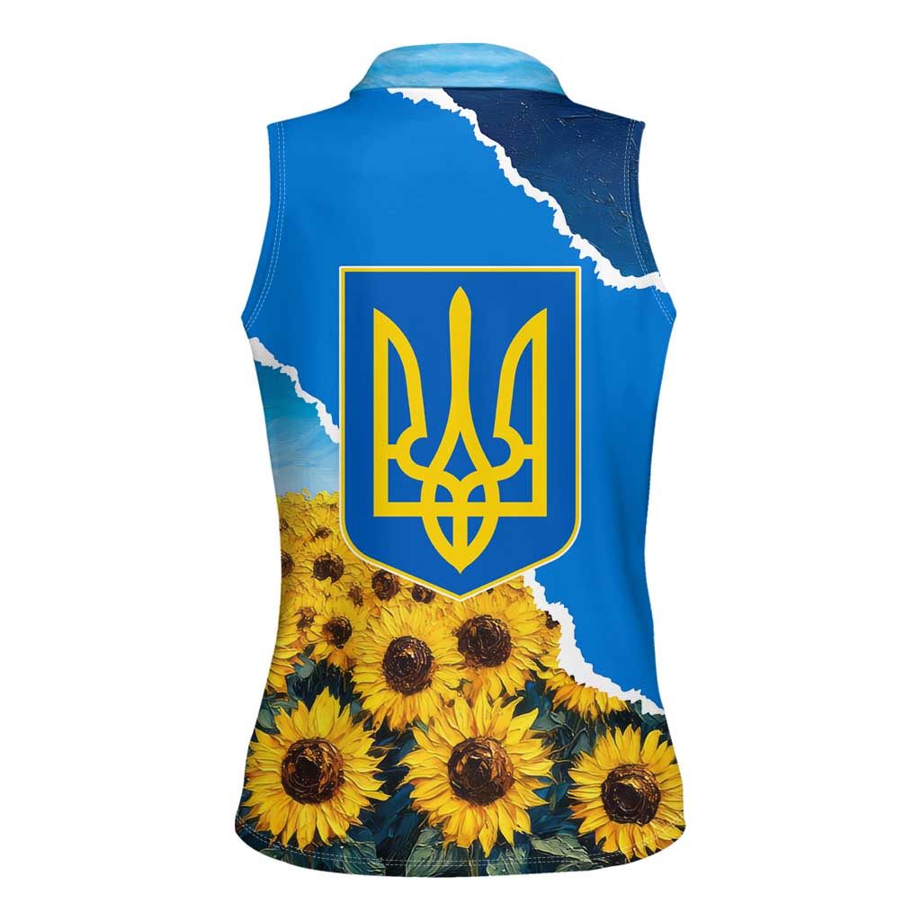 Ukraine Pride Women Sleeveless Polo Shirt Map, Flag & Tryzub with Sunflower Field Patriotic