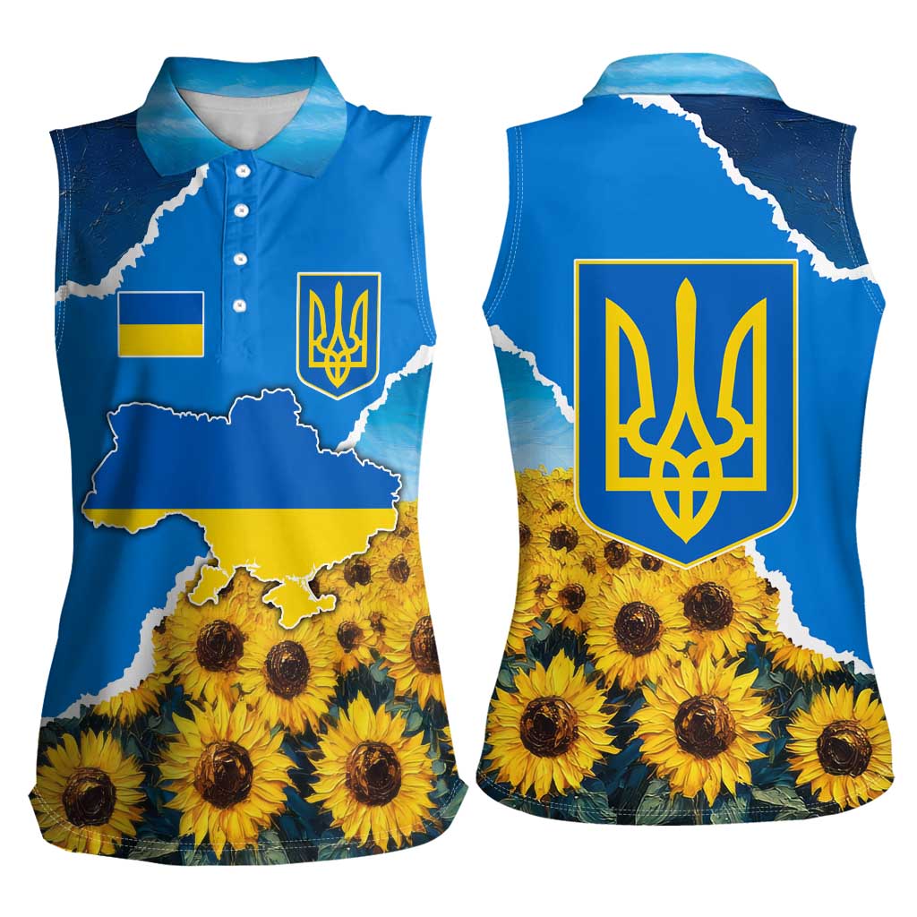 Ukraine Pride Women Sleeveless Polo Shirt Map, Flag & Tryzub with Sunflower Field Patriotic