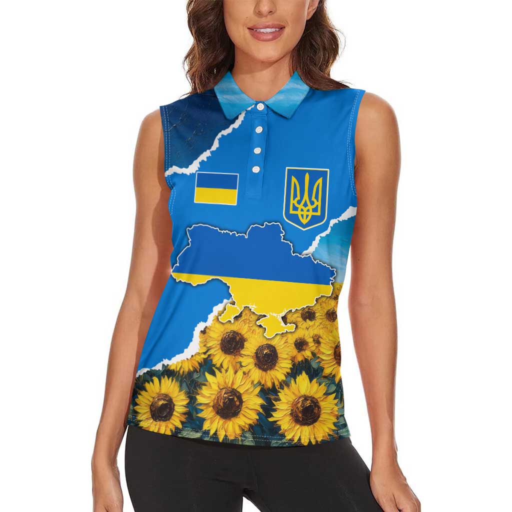 Ukraine Pride Women Sleeveless Polo Shirt Map, Flag & Tryzub with Sunflower Field Patriotic