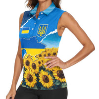 Ukraine Pride Women Sleeveless Polo Shirt Map, Flag & Tryzub with Sunflower Field Patriotic