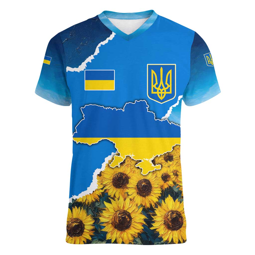 Ukraine Pride Women V-Neck T-Shirt Map, Flag & Tryzub with Sunflower Field Patriotic