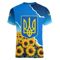 Ukraine Pride Women V-Neck T-Shirt Map, Flag & Tryzub with Sunflower Field Patriotic