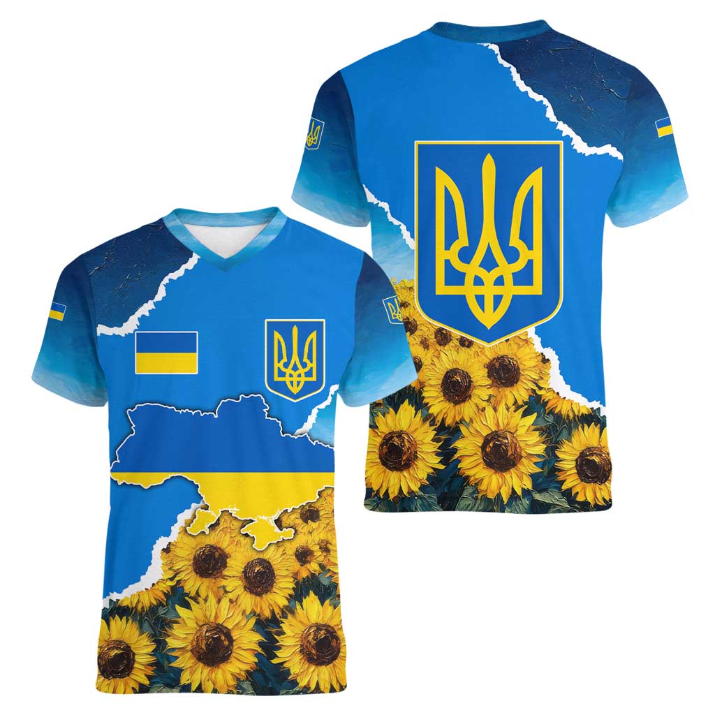 Ukraine Pride Women V-Neck T-Shirt Map, Flag & Tryzub with Sunflower Field Patriotic