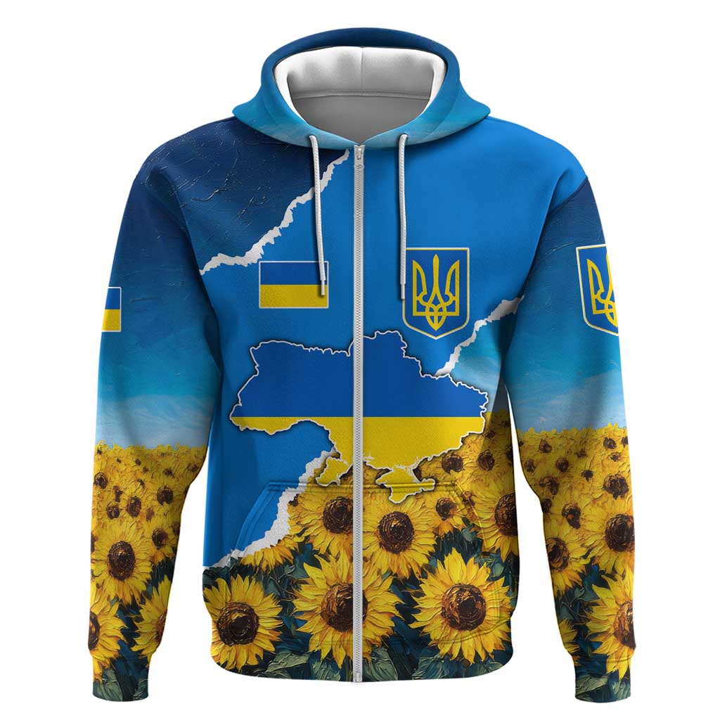 Ukraine Pride Zip Hoodie Map, Flag & Tryzub with Sunflower Field Patriotic