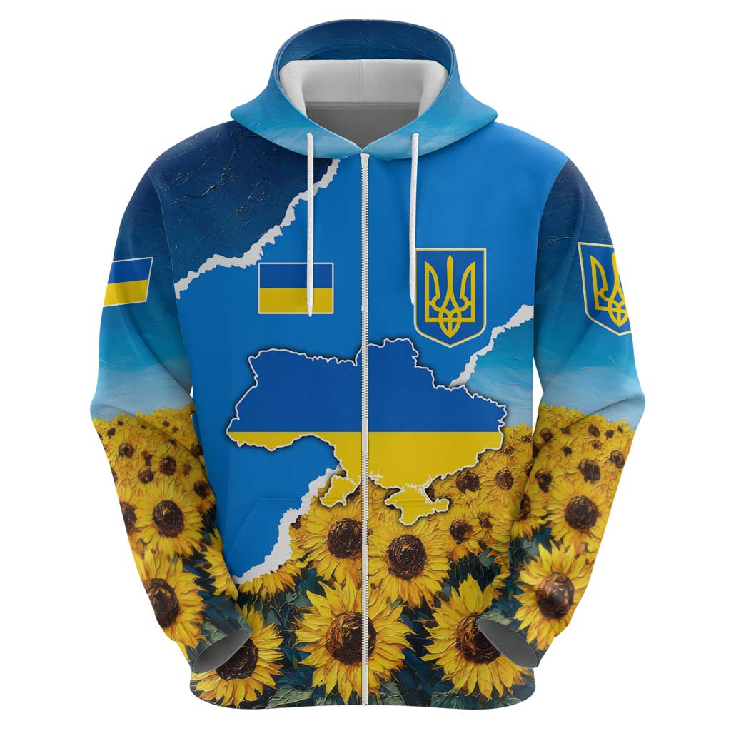 Ukraine Pride Zip Hoodie Map, Flag & Tryzub with Sunflower Field Patriotic