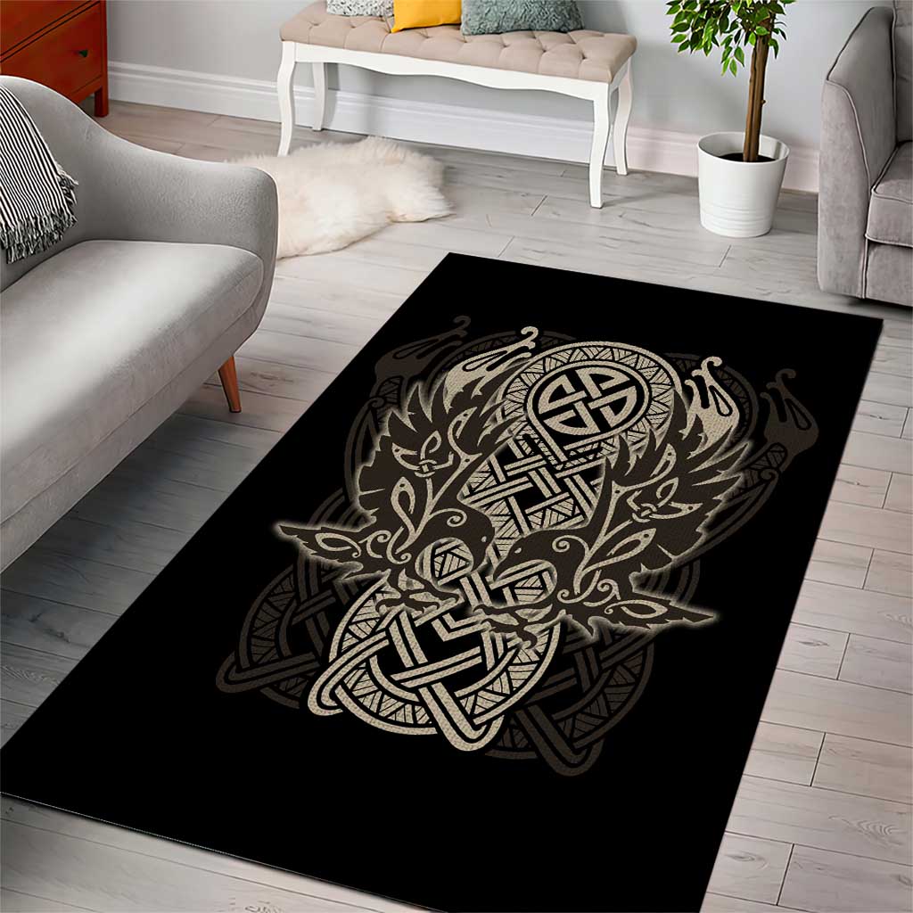 Celtic Trinity Knot Raven Emblem Area Rug Intricate Norse Tribal Knotwork Illustration