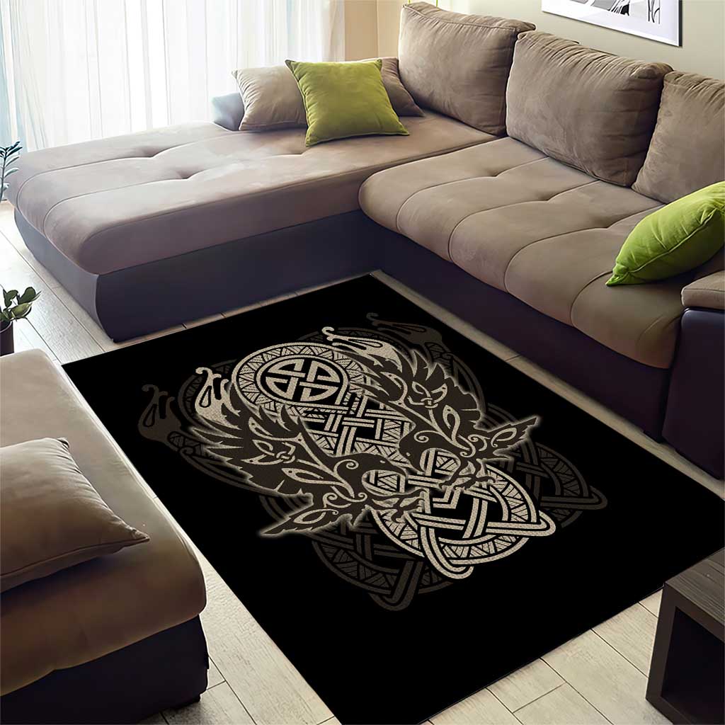 Celtic Trinity Knot Raven Emblem Area Rug Intricate Norse Tribal Knotwork Illustration