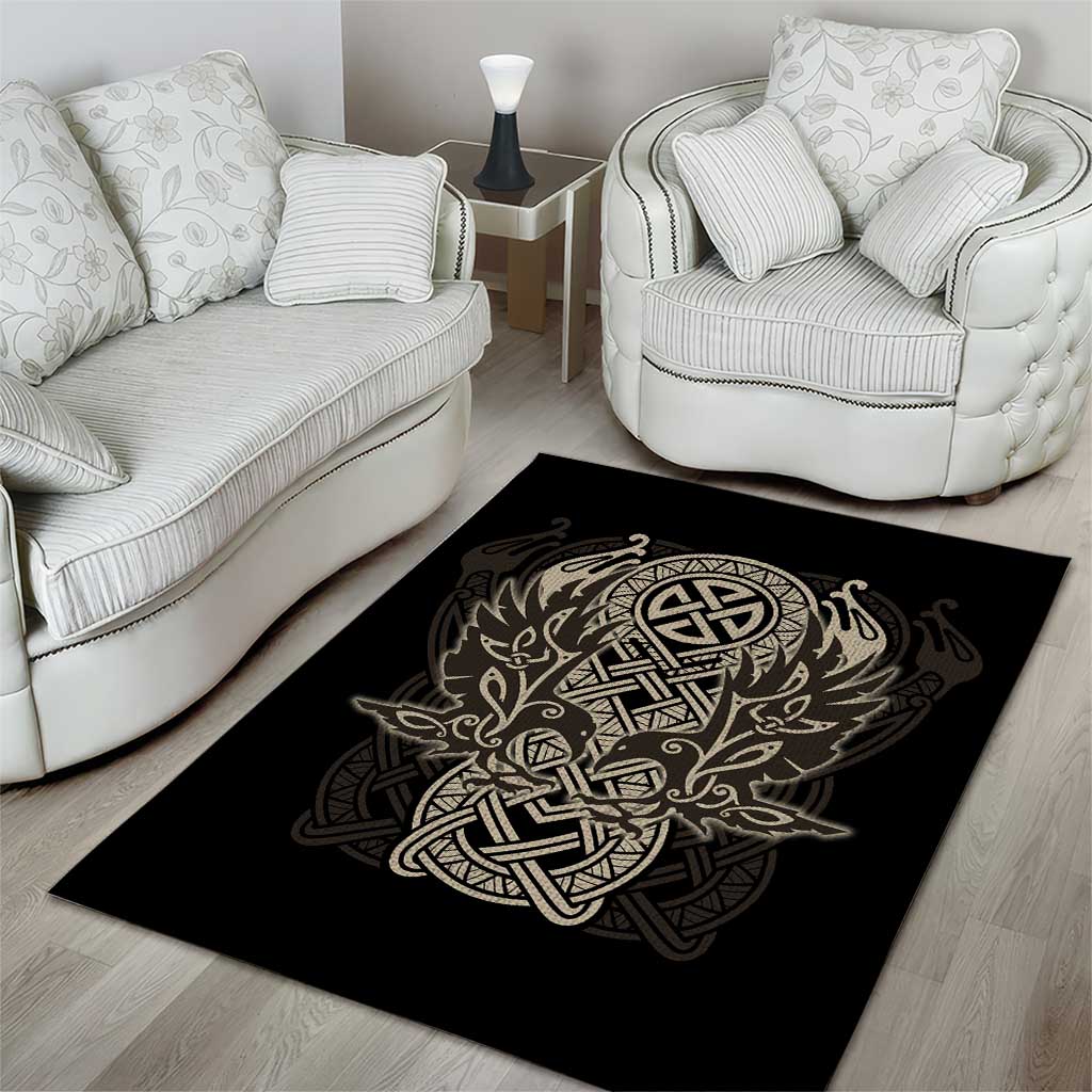 Celtic Trinity Knot Raven Emblem Area Rug Intricate Norse Tribal Knotwork Illustration