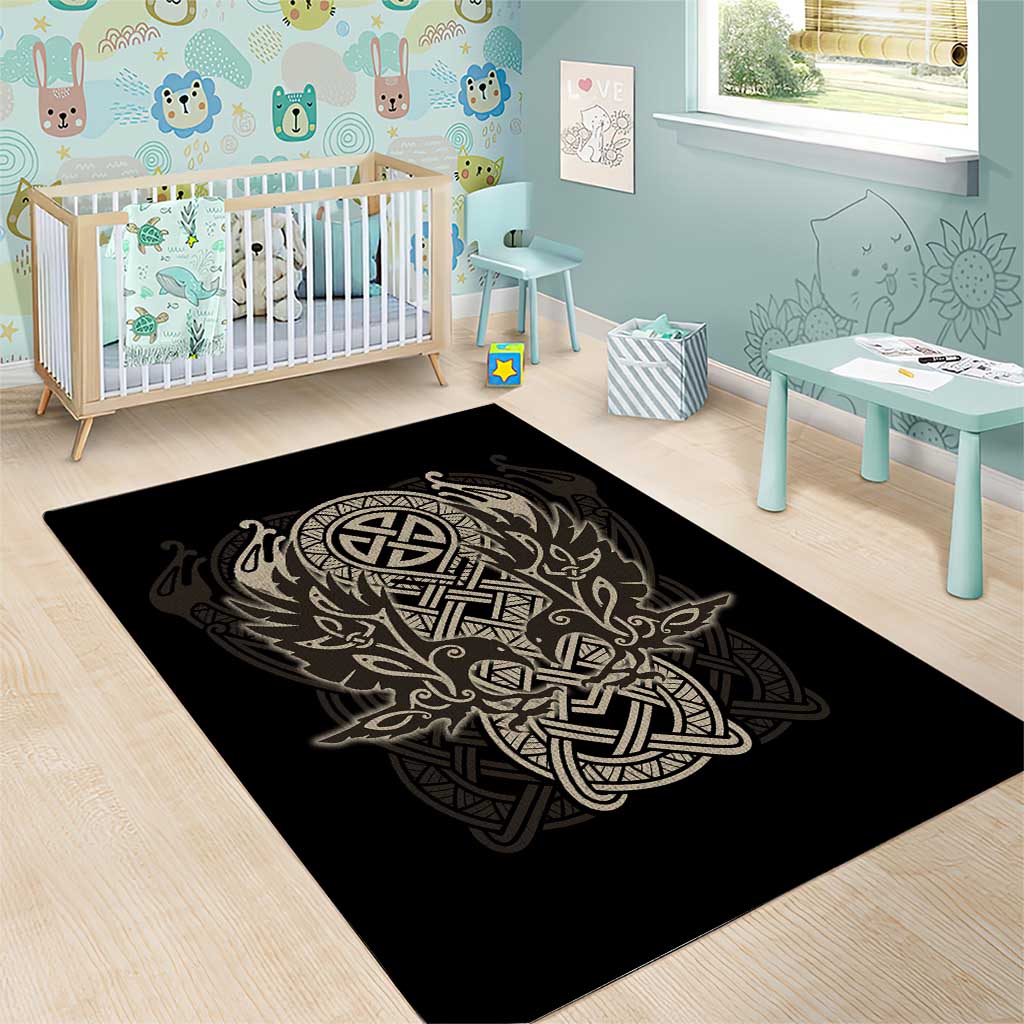 Celtic Trinity Knot Raven Emblem Area Rug Intricate Norse Tribal Knotwork Illustration