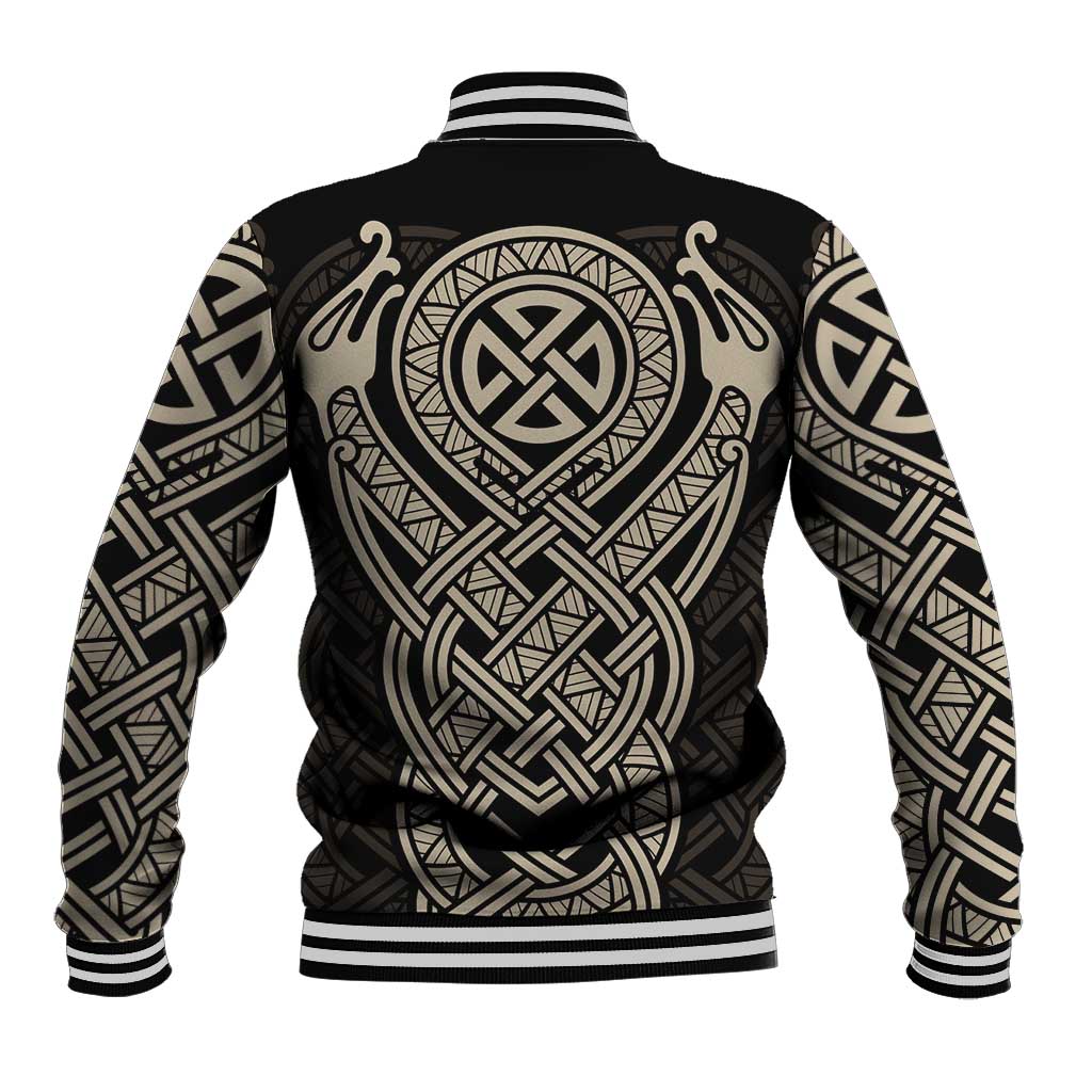 Celtic Trinity Knot Raven Emblem Baseball Jacket Intricate Norse Tribal Knotwork Illustration