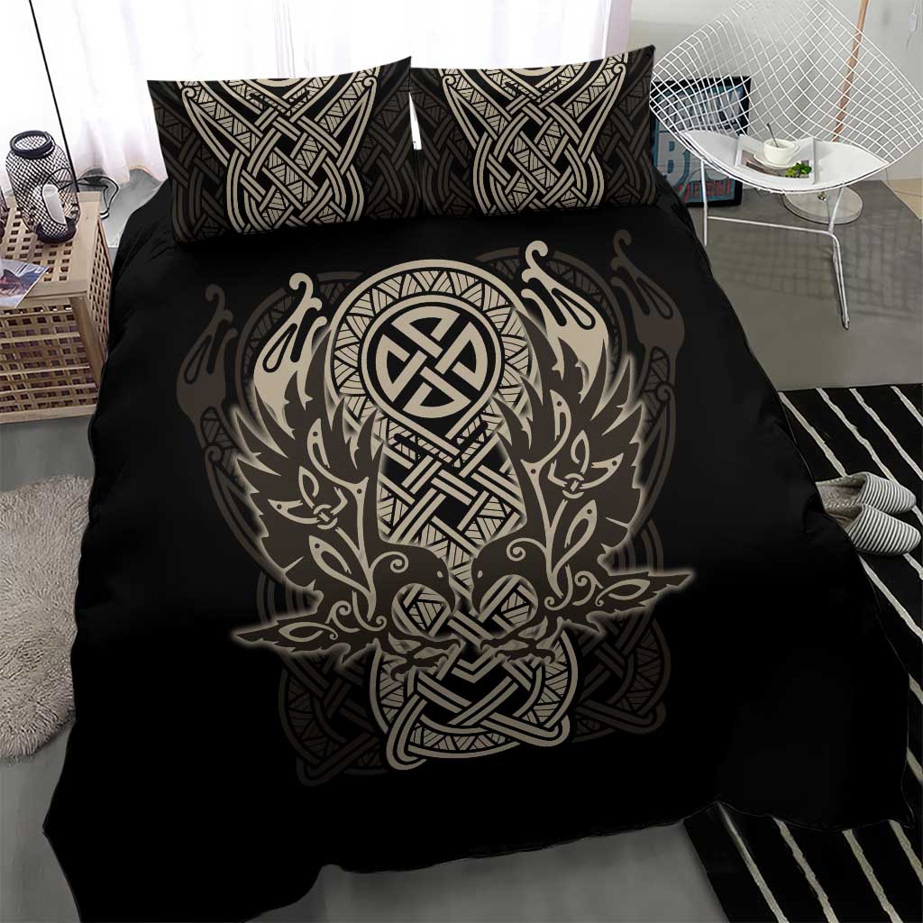 Celtic Trinity Knot Raven Emblem Bedding Set Intricate Norse Tribal Knotwork Illustration