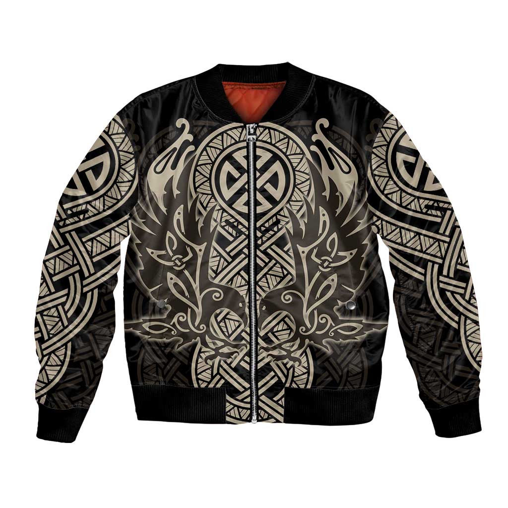 Celtic Trinity Knot Raven Emblem Bomber Jacket Intricate Norse Tribal Knotwork Illustration