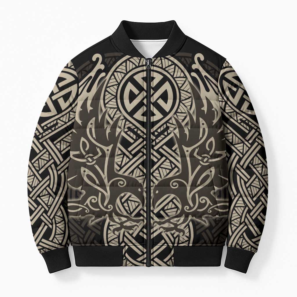 Celtic Trinity Knot Raven Emblem Bomber Puffer Jacket Intricate Norse Tribal Knotwork Illustration