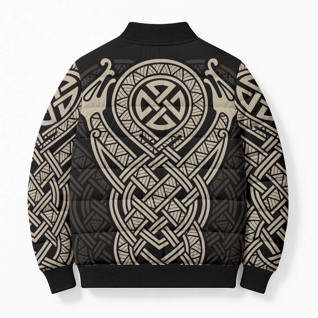 Celtic Trinity Knot Raven Emblem Bomber Puffer Jacket Intricate Norse Tribal Knotwork Illustration
