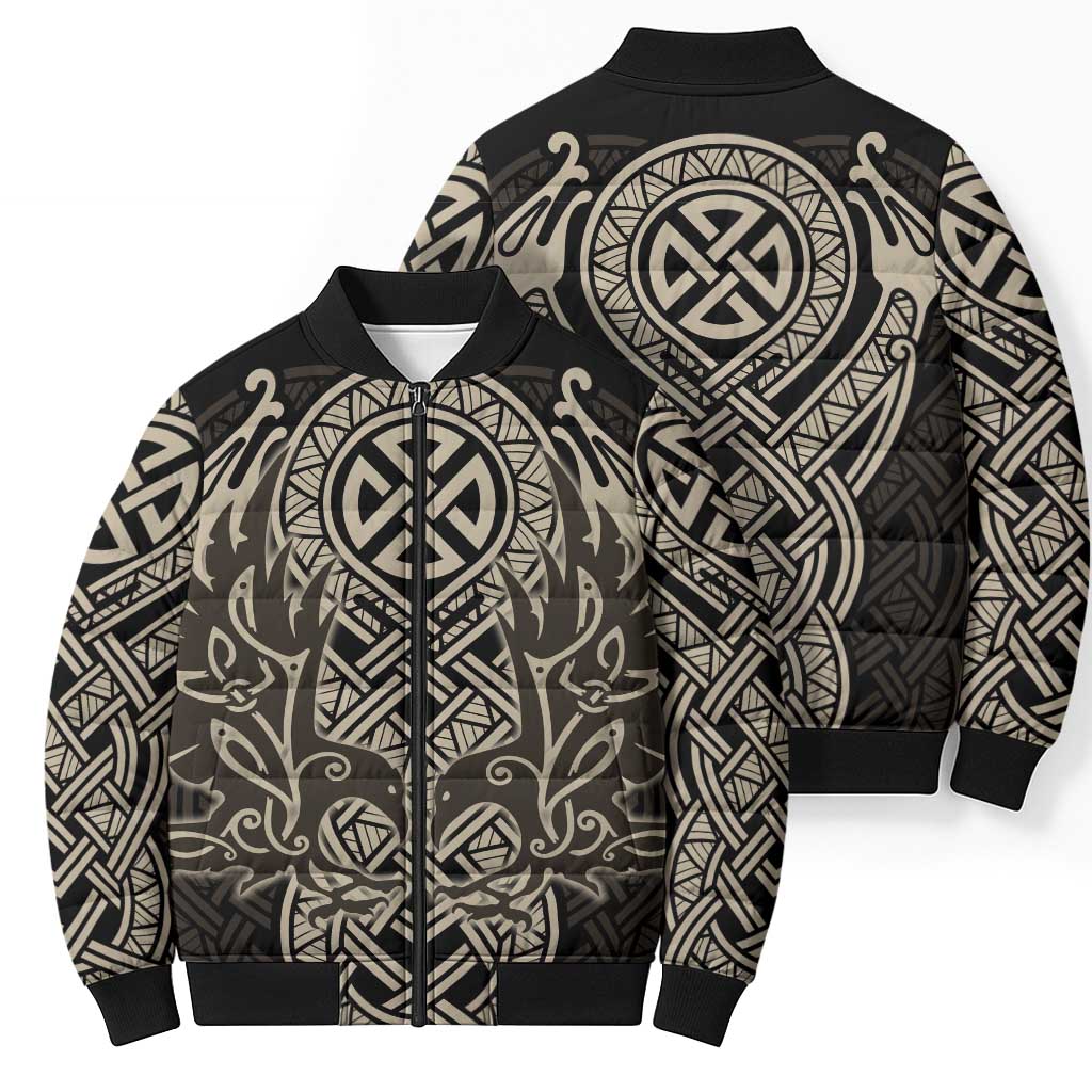 Celtic Trinity Knot Raven Emblem Bomber Puffer Jacket Intricate Norse Tribal Knotwork Illustration