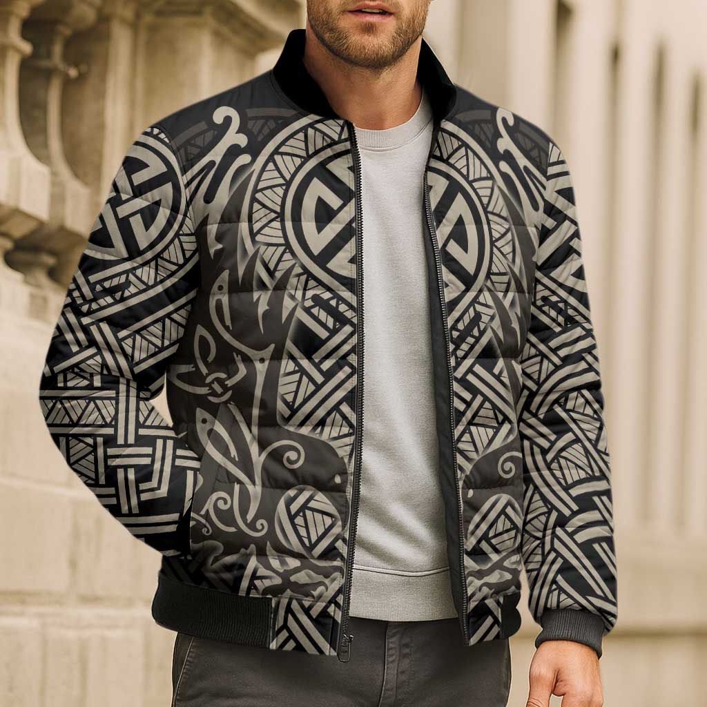 Celtic Trinity Knot Raven Emblem Bomber Puffer Jacket Intricate Norse Tribal Knotwork Illustration
