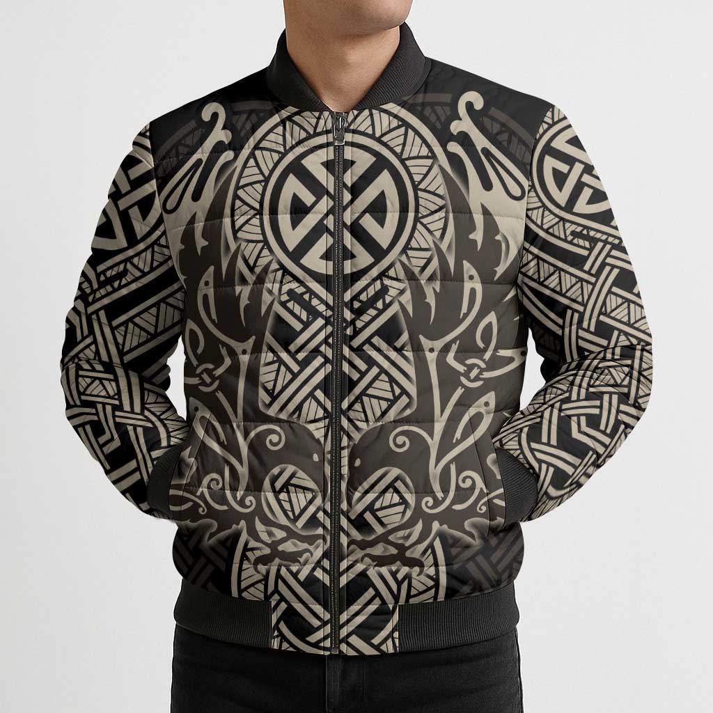 Celtic Trinity Knot Raven Emblem Bomber Puffer Jacket Intricate Norse Tribal Knotwork Illustration