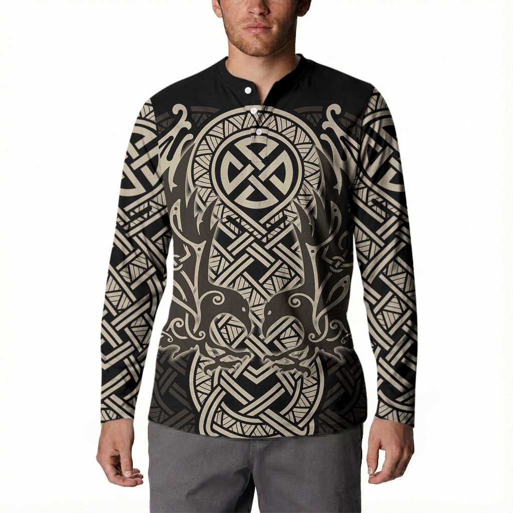 Celtic Trinity Knot Raven Emblem Button Sweatshirt Intricate Norse Tribal Knotwork Illustration