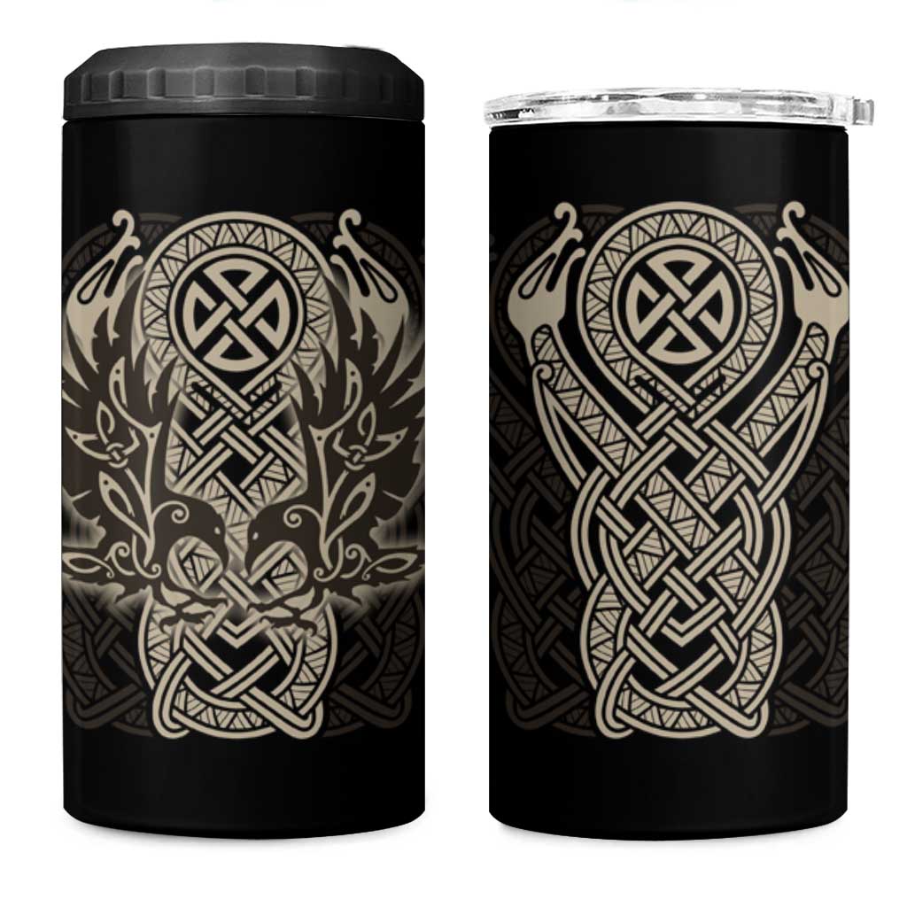 Celtic Trinity Knot Raven Emblem 4 in 1 Can Cooler Tumbler Intricate Norse Tribal Knotwork Illustration