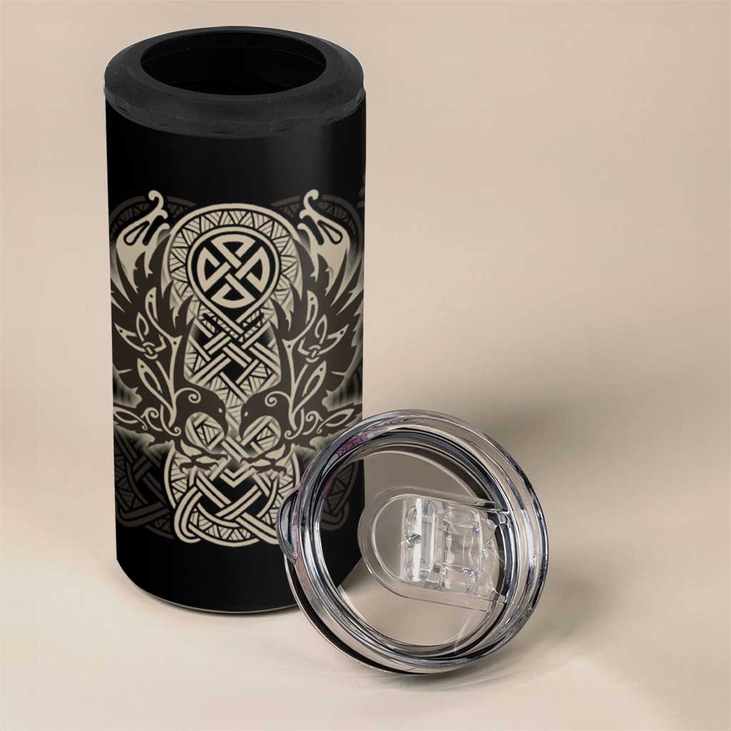 Celtic Trinity Knot Raven Emblem 4 in 1 Can Cooler Tumbler Intricate Norse Tribal Knotwork Illustration