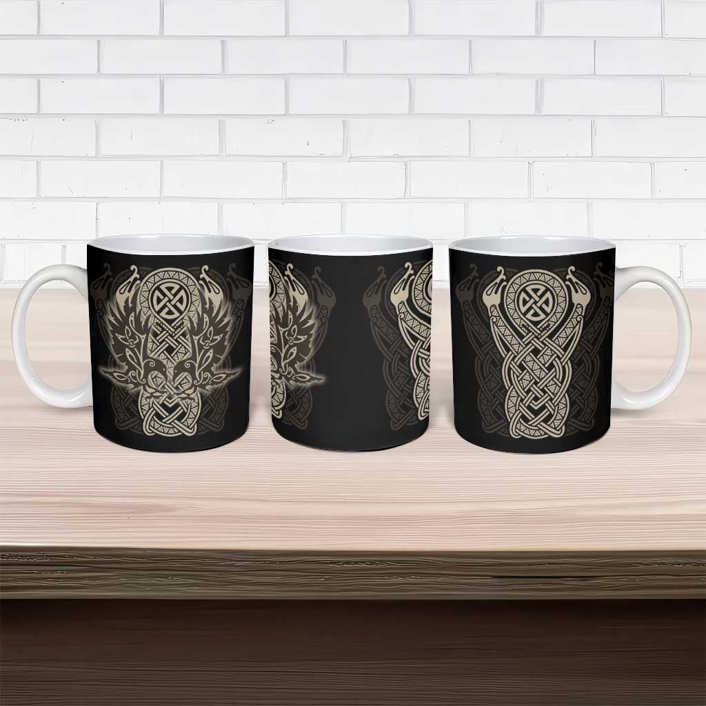 Celtic Trinity Knot Raven Emblem Ceramic Mug Intricate Norse Tribal Knotwork Illustration