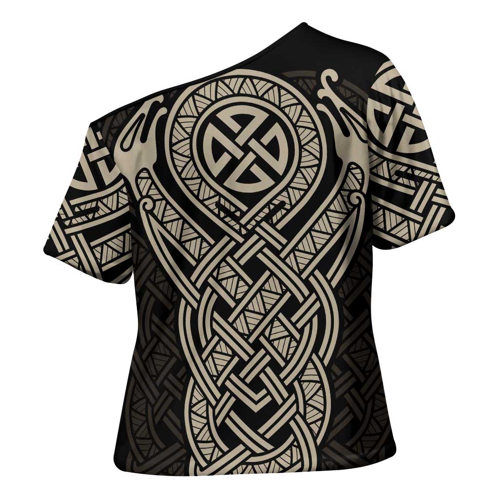 Celtic Trinity Knot Raven Emblem Cross Shoulder Shirt Intricate Norse Tribal Knotwork Illustration