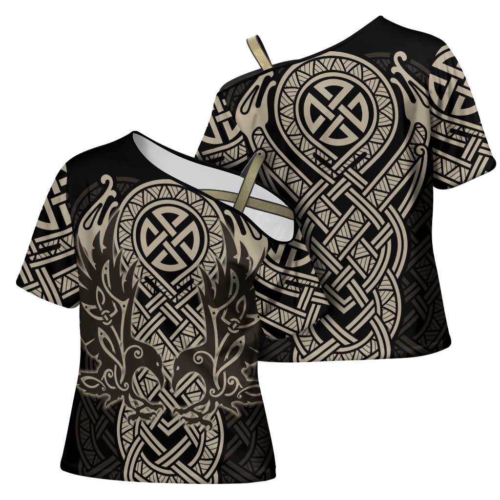 Celtic Trinity Knot Raven Emblem Cross Shoulder Shirt Intricate Norse Tribal Knotwork Illustration