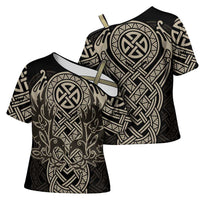 Celtic Trinity Knot Raven Emblem Cross Shoulder Shirt Intricate Norse Tribal Knotwork Illustration