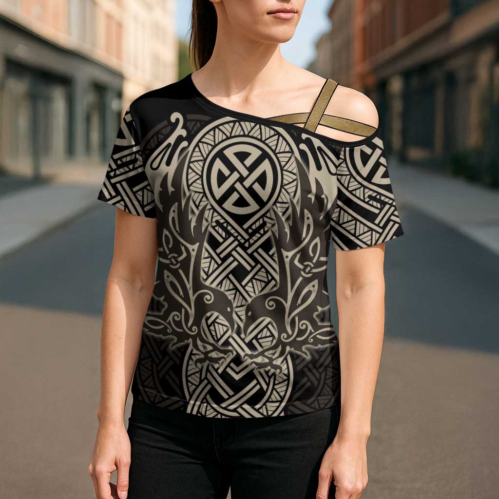 Celtic Trinity Knot Raven Emblem Cross Shoulder Shirt Intricate Norse Tribal Knotwork Illustration