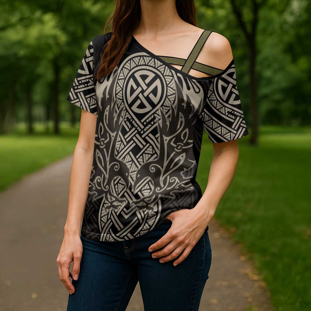 Celtic Trinity Knot Raven Emblem Cross Shoulder Shirt Intricate Norse Tribal Knotwork Illustration
