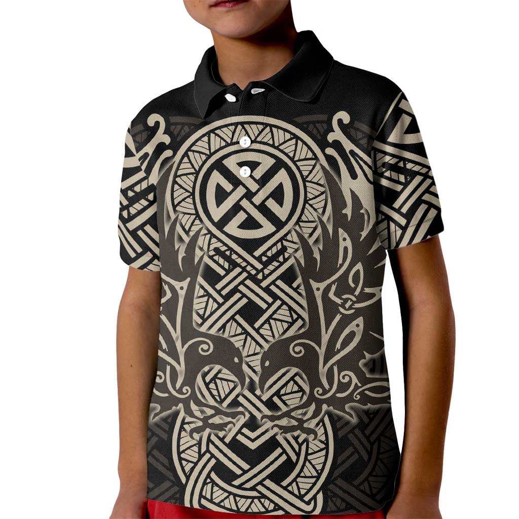 Celtic Trinity Knot Raven Emblem Kid Polo Shirt Intricate Norse Tribal Knotwork Illustration