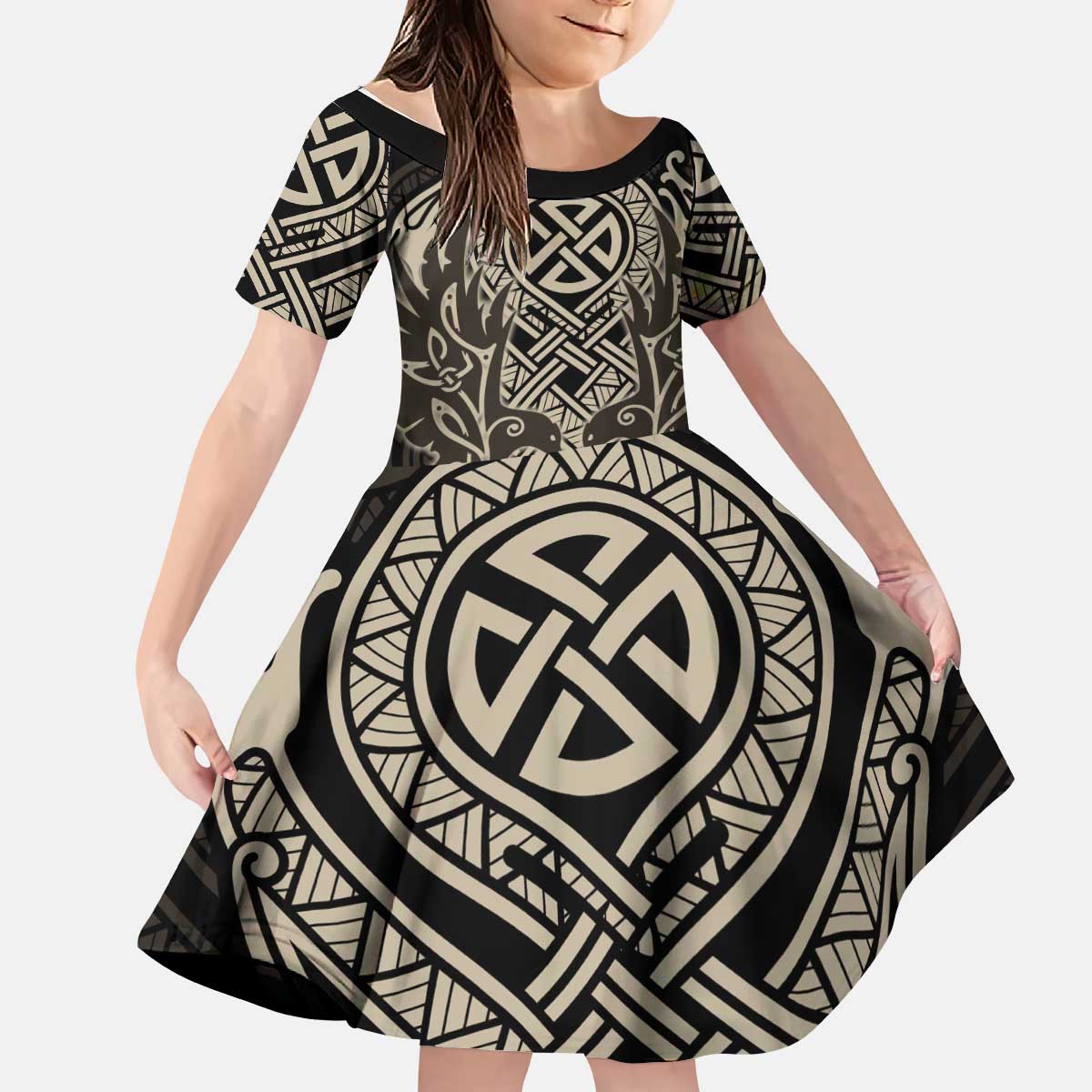 Celtic Trinity Knot Raven Emblem Kid Short Sleeve Dress Intricate Norse Tribal Knotwork Illustration