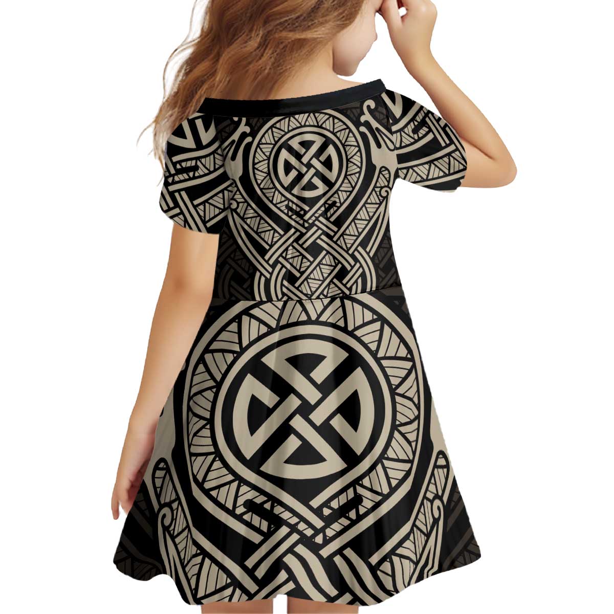 Celtic Trinity Knot Raven Emblem Kid Short Sleeve Dress Intricate Norse Tribal Knotwork Illustration