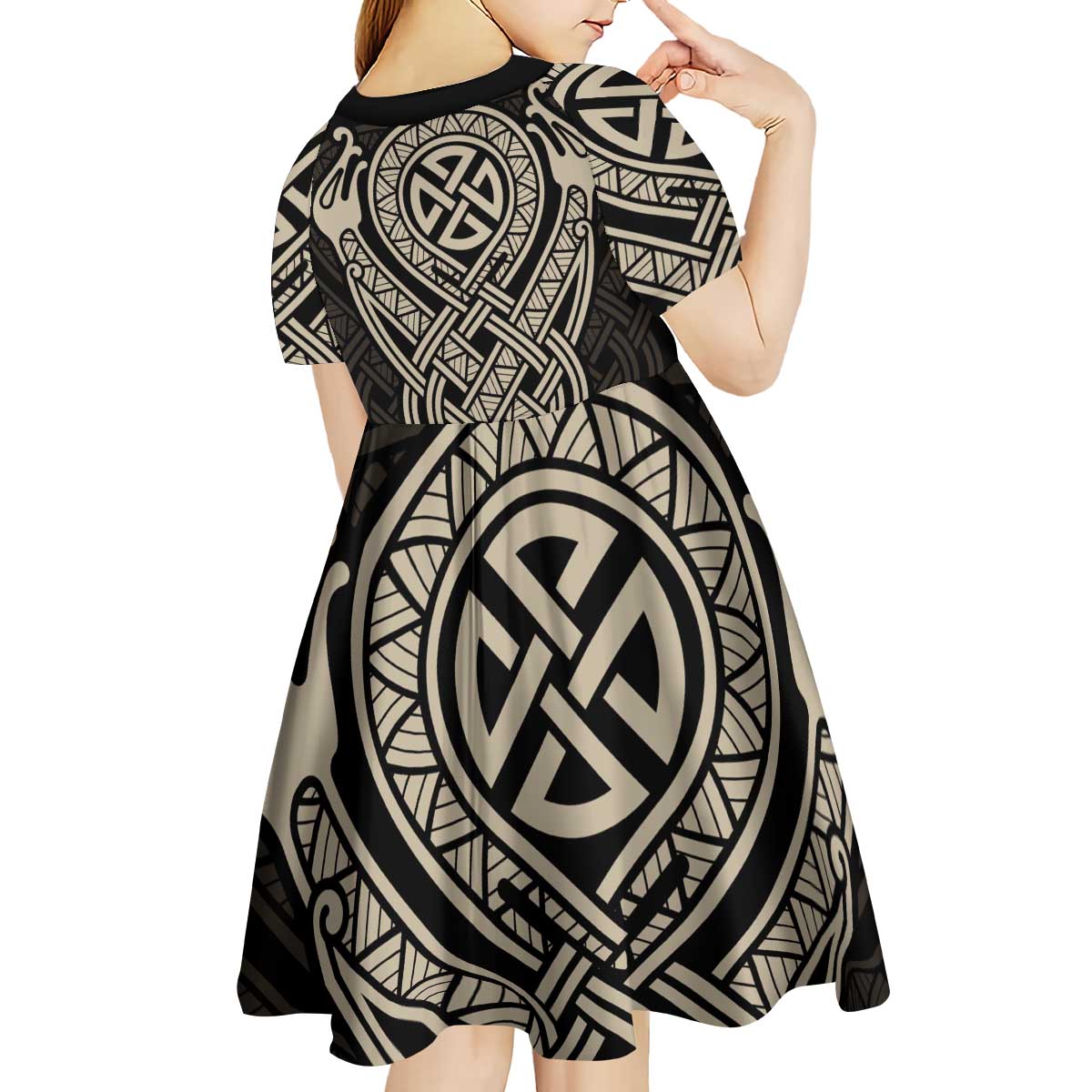Celtic Trinity Knot Raven Emblem Kid Short Sleeve Dress Intricate Norse Tribal Knotwork Illustration