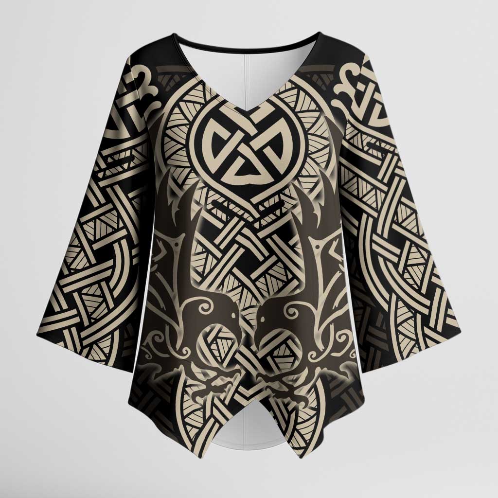 Celtic Trinity Knot Raven Emblem Kimono Sleeve Blouse Intricate Norse Tribal Knotwork Illustration