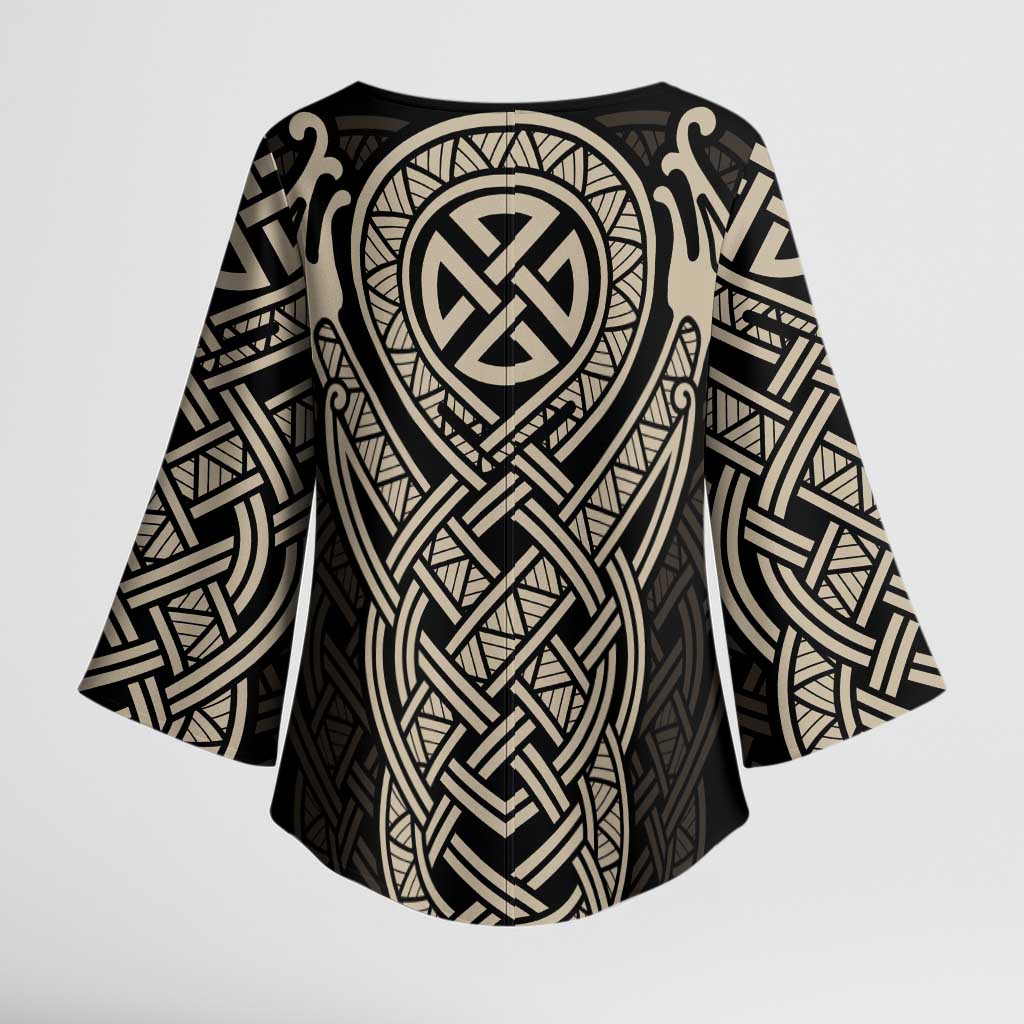 Celtic Trinity Knot Raven Emblem Kimono Sleeve Blouse Intricate Norse Tribal Knotwork Illustration