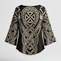 Celtic Trinity Knot Raven Emblem Kimono Sleeve Blouse Intricate Norse Tribal Knotwork Illustration