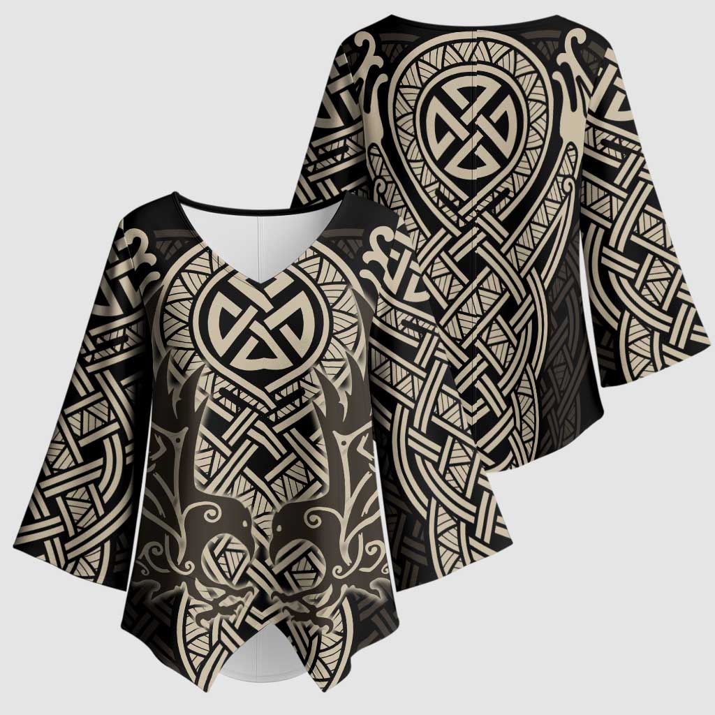 Celtic Trinity Knot Raven Emblem Kimono Sleeve Blouse Intricate Norse Tribal Knotwork Illustration