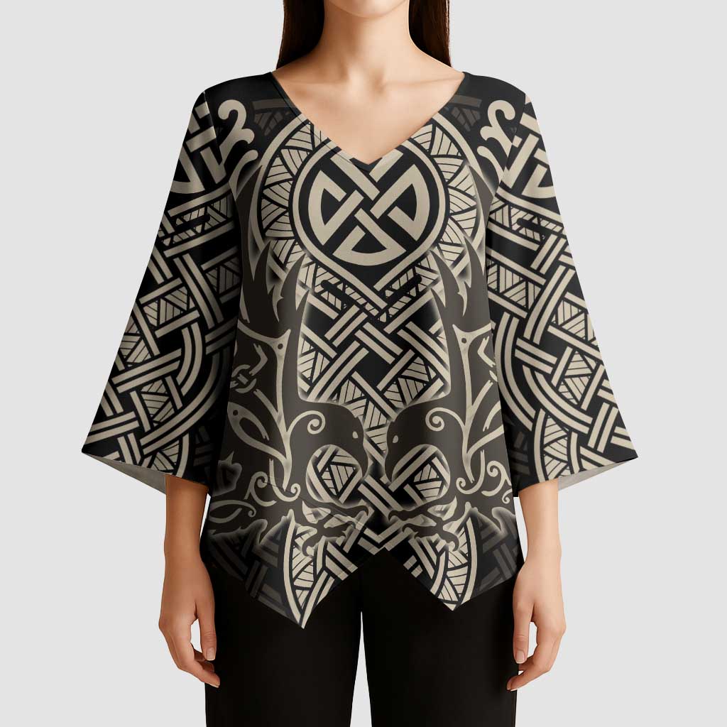 Celtic Trinity Knot Raven Emblem Kimono Sleeve Blouse Intricate Norse Tribal Knotwork Illustration
