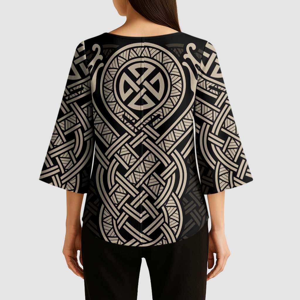 Celtic Trinity Knot Raven Emblem Kimono Sleeve Blouse Intricate Norse Tribal Knotwork Illustration
