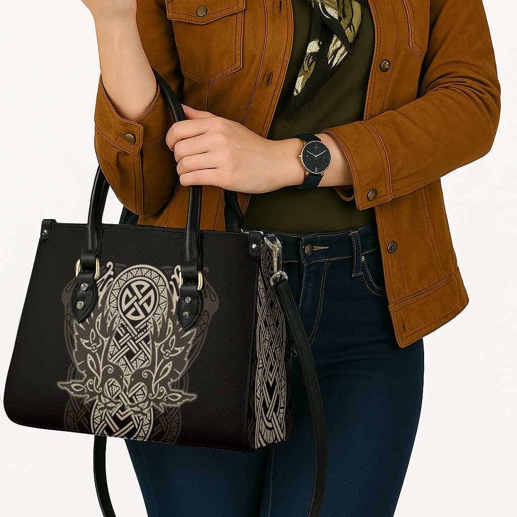 Celtic Trinity Knot Raven Emblem Leather Bag Intricate Norse Tribal Knotwork Illustration