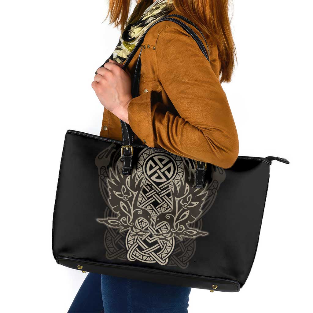 Celtic Trinity Knot Raven Emblem Leather Tote Bag Intricate Norse Tribal Knotwork Illustration